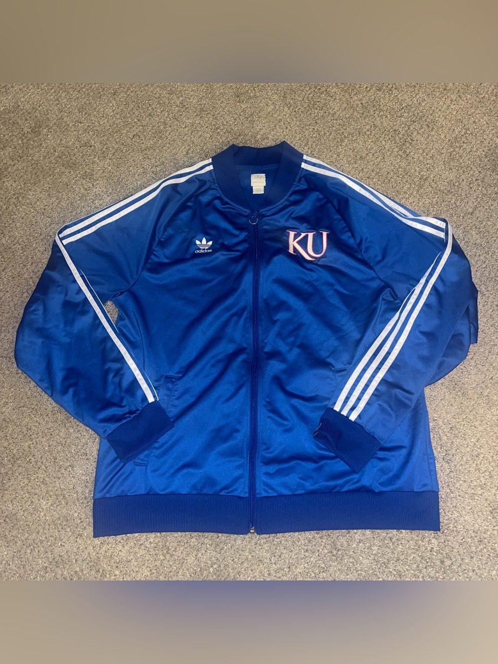 Vtg Kansas Jayhawks Adidas Track Warm Up Jacket Mens 2XL XXL Full Zip Blue White